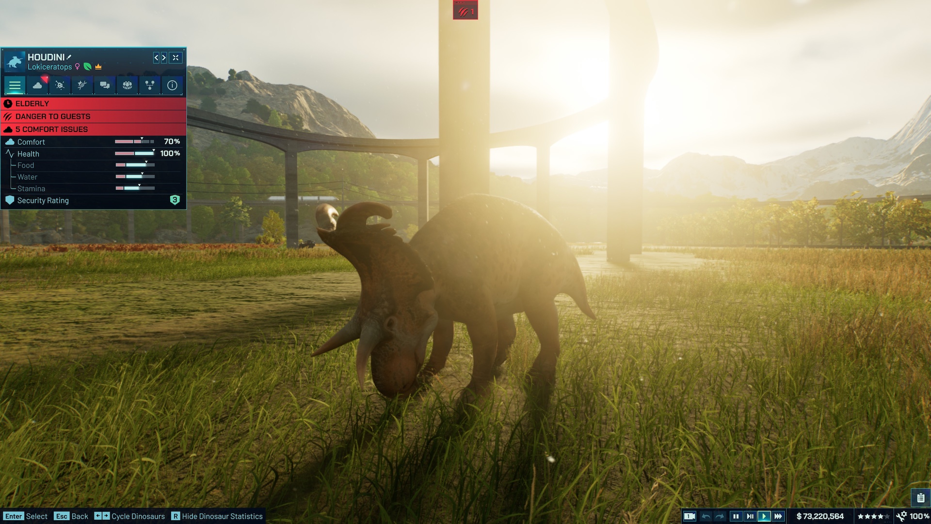 Houdini, the Lokiceratops, eating grass backlit by the sun in Jurassic World Evolution 3.