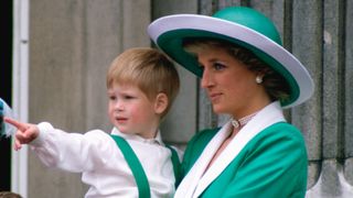 Diana, Princess Of Wales, Holding A Young Prince Harry In Her Arms As She Watches Trooping The Colour With Prince William And Princess Margaret From The Balcony Of Buckingham Palace.