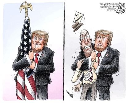 Political Cartoon U.S. Trump flag hug media first amendment