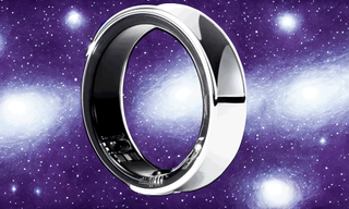 The Samsung Galaxy Ring with 1970s comic book styled image of many galaxies behind it.