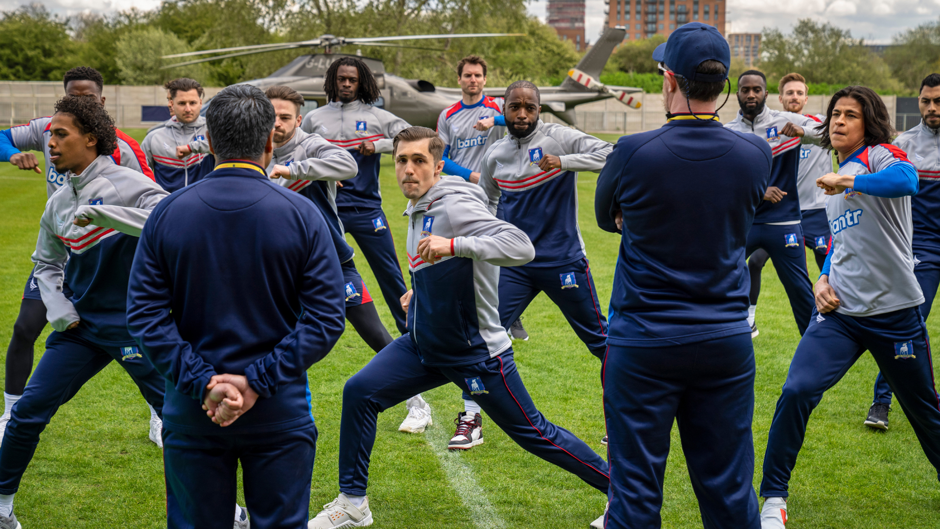 AFC Richmond players doing some unusual warm ups in Ted Lasso season 2