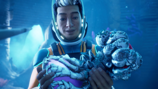 Subnautica 2 character smiles at alien artifact