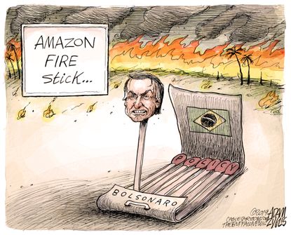 Political Cartoon World Amazon Fire Stick Jair Bolsonaro Rainforest Destruction