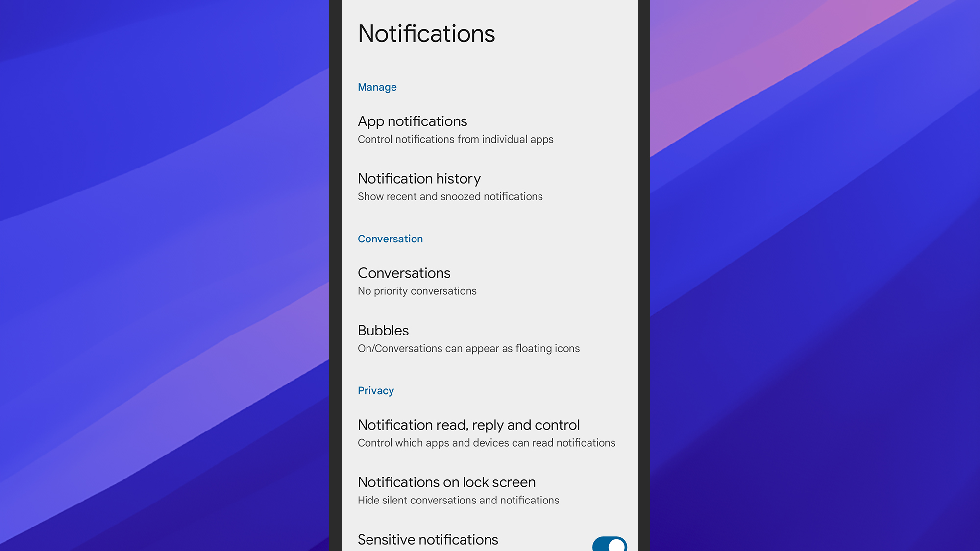 Android notification options screen