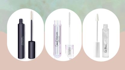Three of the best clear mascaras on a collage background.