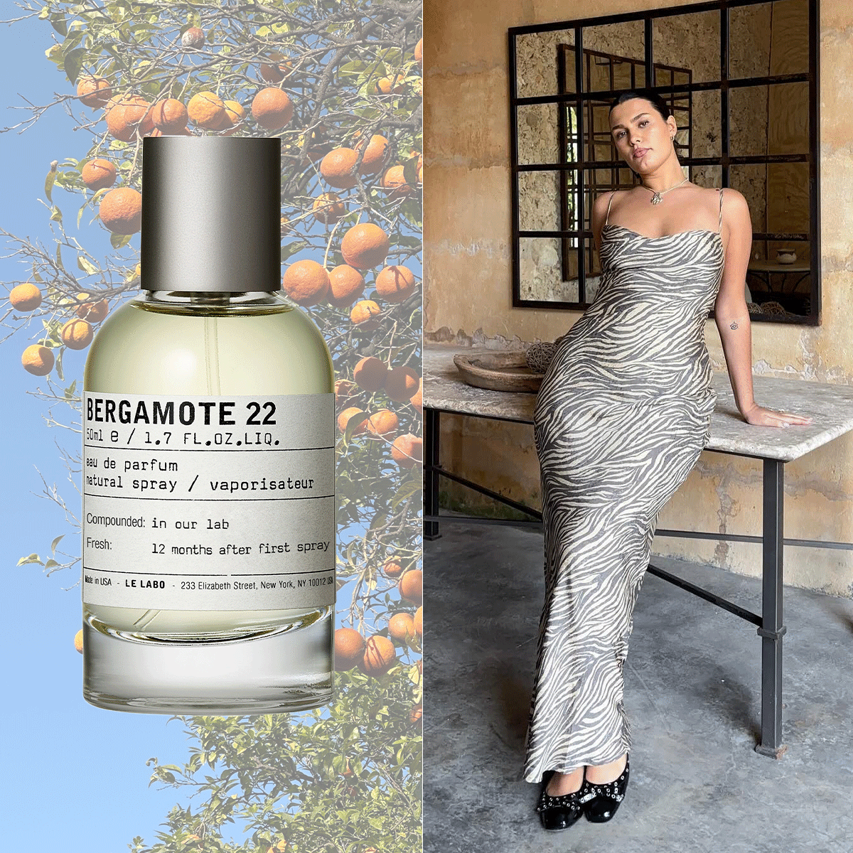 Woman lounging in Italian villa next to GIF of bergamot perfumes