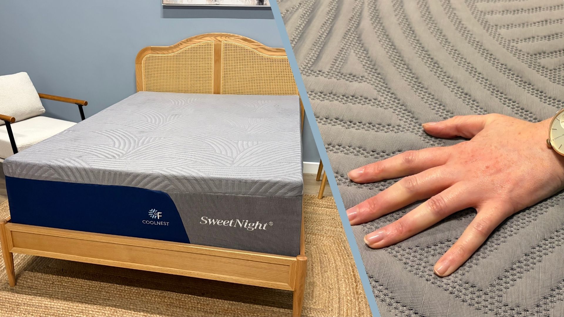 A split screen of the CoolNest SweetNight Mattress. The first image shows the mattress on a wooden bed frame in a light blue bedroom and the second shows a woman's hand testing its surface temperature. 