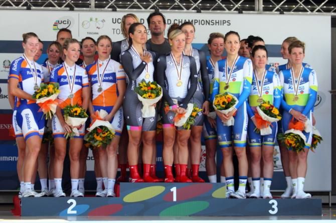 The podium - Rabo Women, Specialized - lululemon and Orica - AIS