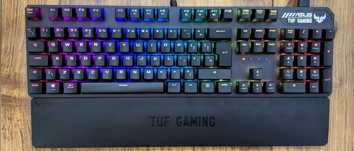 Full shot of the Asus TUF Gaming K3 with RGB lighting turned on