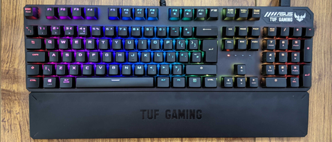 Full shot of the Asus TUF Gaming K3 with RGB lighting turned on