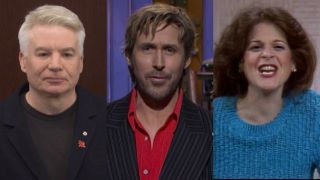 From L to R: Mike Myers in the Mike Myers Elevator Ride sketch, Ryan Gosling doing his opening monologue during his fourth time hosting, Gilda Radner in the Real Incredible People sketch on SNL.