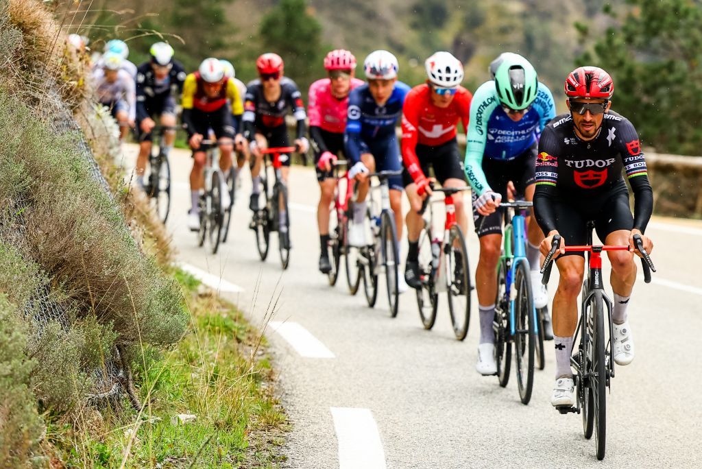 French Julian Alaphilippe of Tudor Pro Cycling Team pictured in action during stage seven of the 83th edition of the Paris-Nice cycling race, 147,8 km from Nice to Auron, France, Saturday 15 March 2025. BELGA PHOTO DAVID PINTENS (Photo by DAVID PINTENS / BELGA MAG / Belga via AFP)