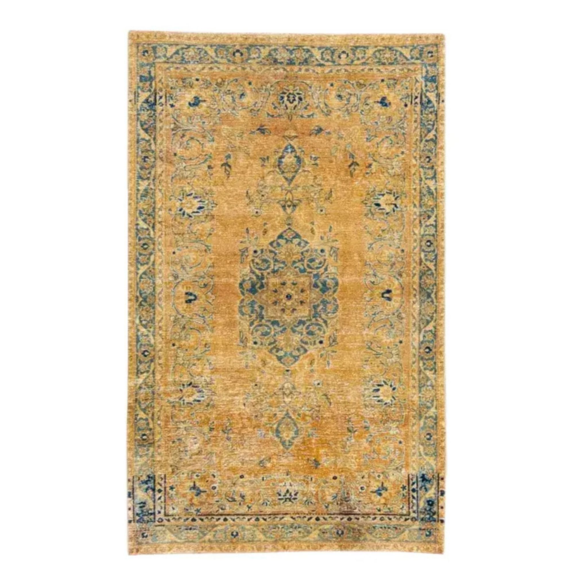 1960s Vintage Persian Distressed Handmade Floral Tan Wool Rug