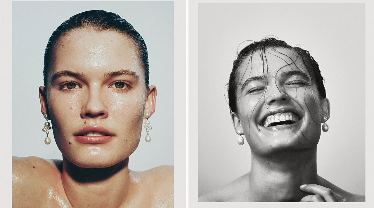 Woman with wet slicked hair wearing long pearls earrings