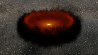 An illustration of a supermassive black hole ringed with a fiery orange accretion disk ending in a thick ring of black dust