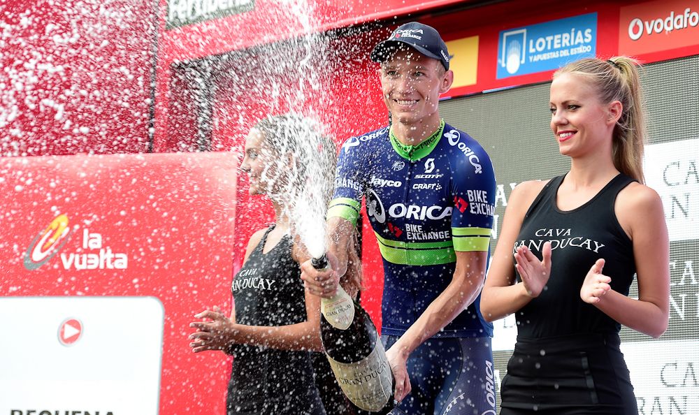 Magnus Cort Nielsen celebrates his win on the Vuelta's stage 18 podium