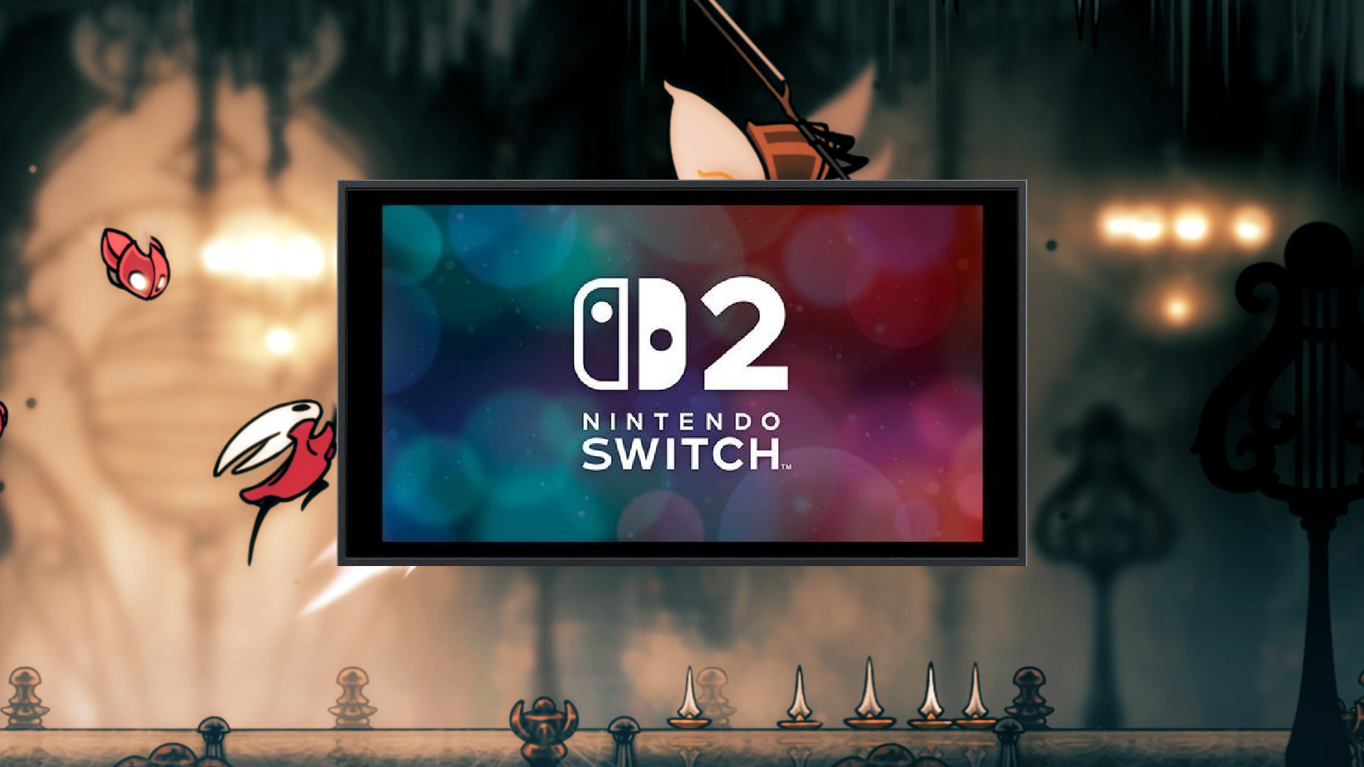A Nintendo Switch 2 over a background of Silksong
