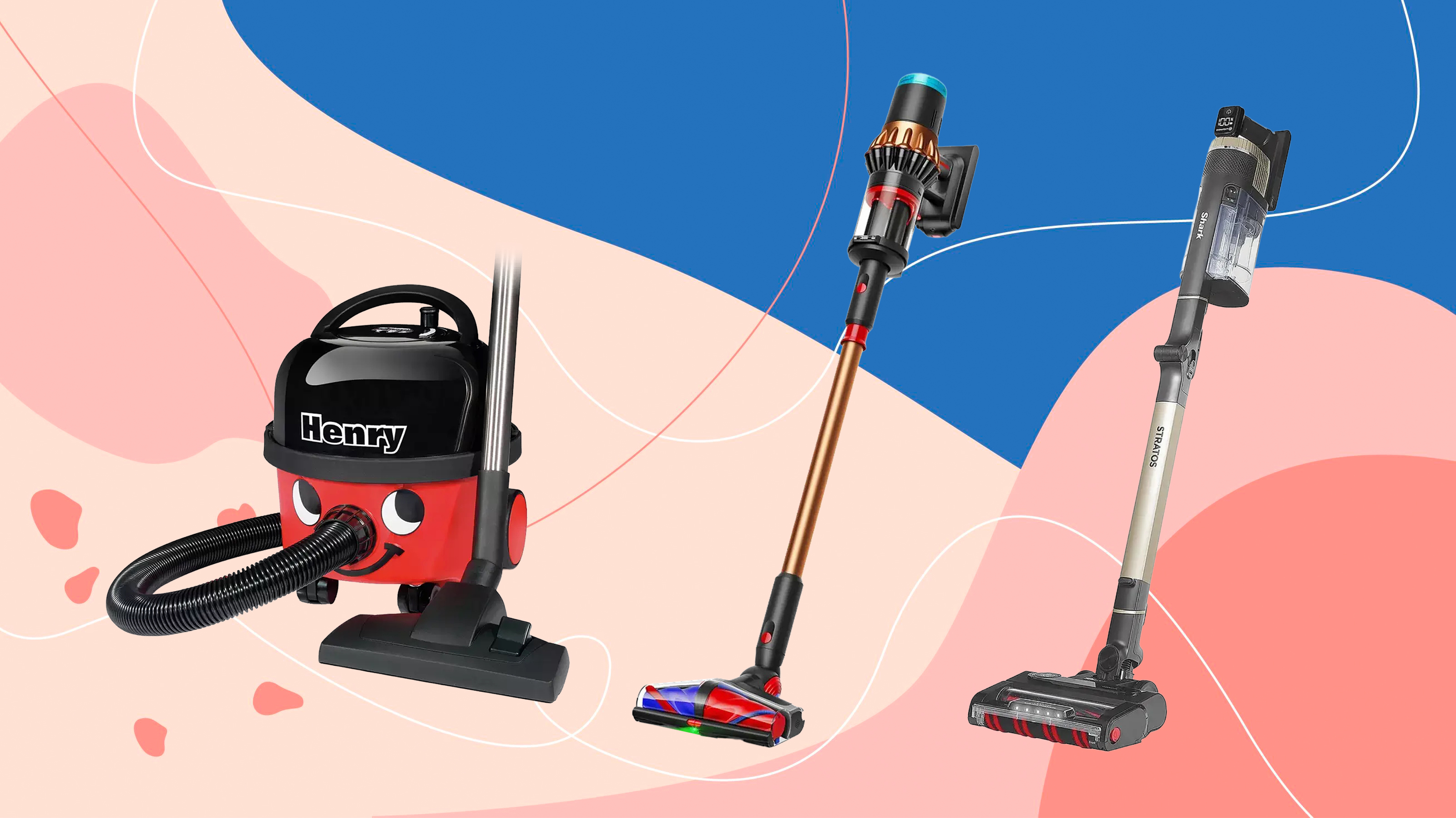 Three vacuums on a pink and blue background