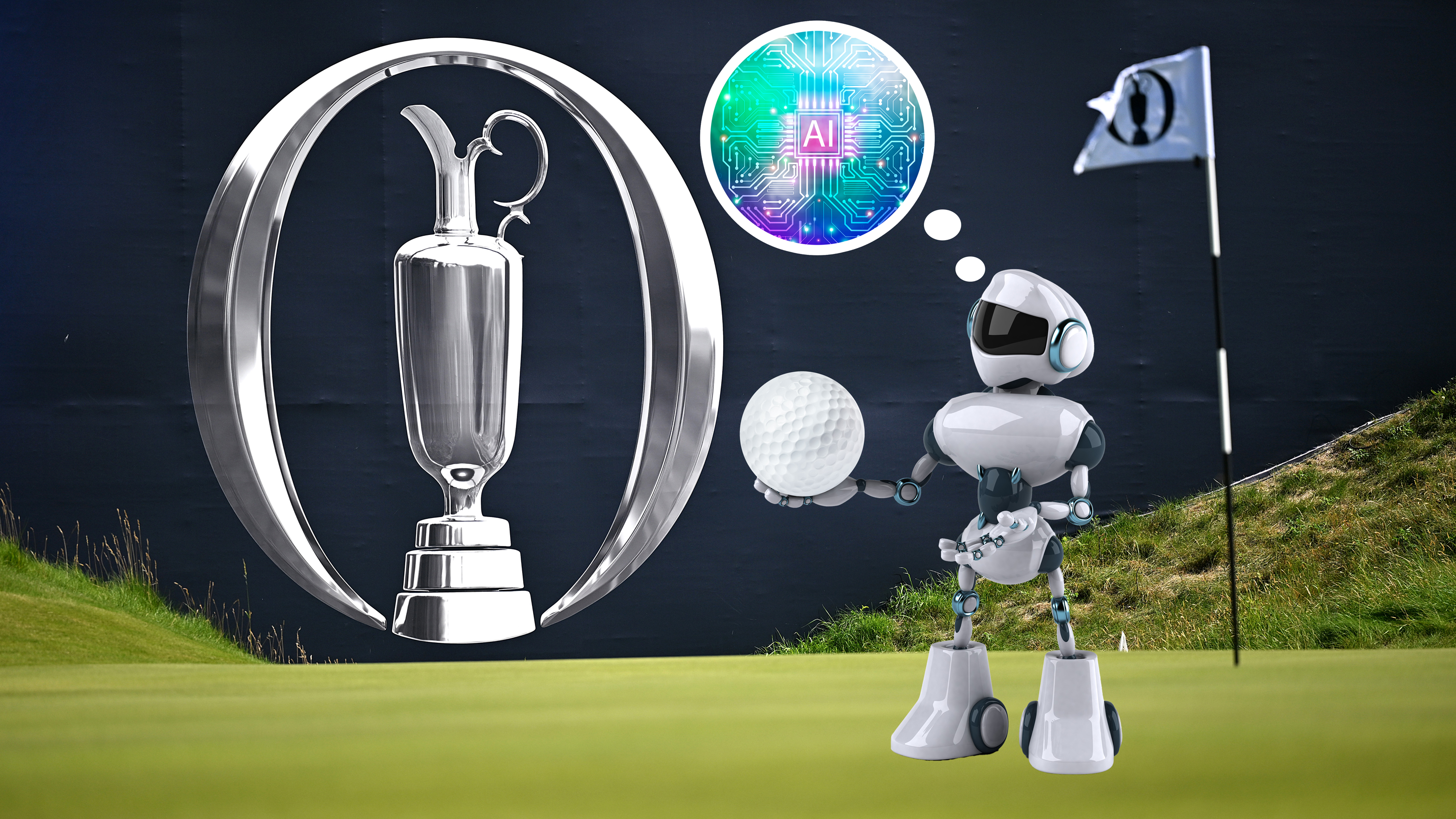 A green at the Open Championship at Royal Portrush, with the flag and grandstands bearing the Open logo, with an inset image of a robot holding a golf ball and a thought bubble filled with an AI brain to represent AI picking its winner for the Open Championship 2025