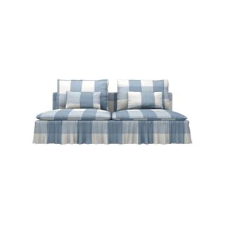check blue sofa with skirts