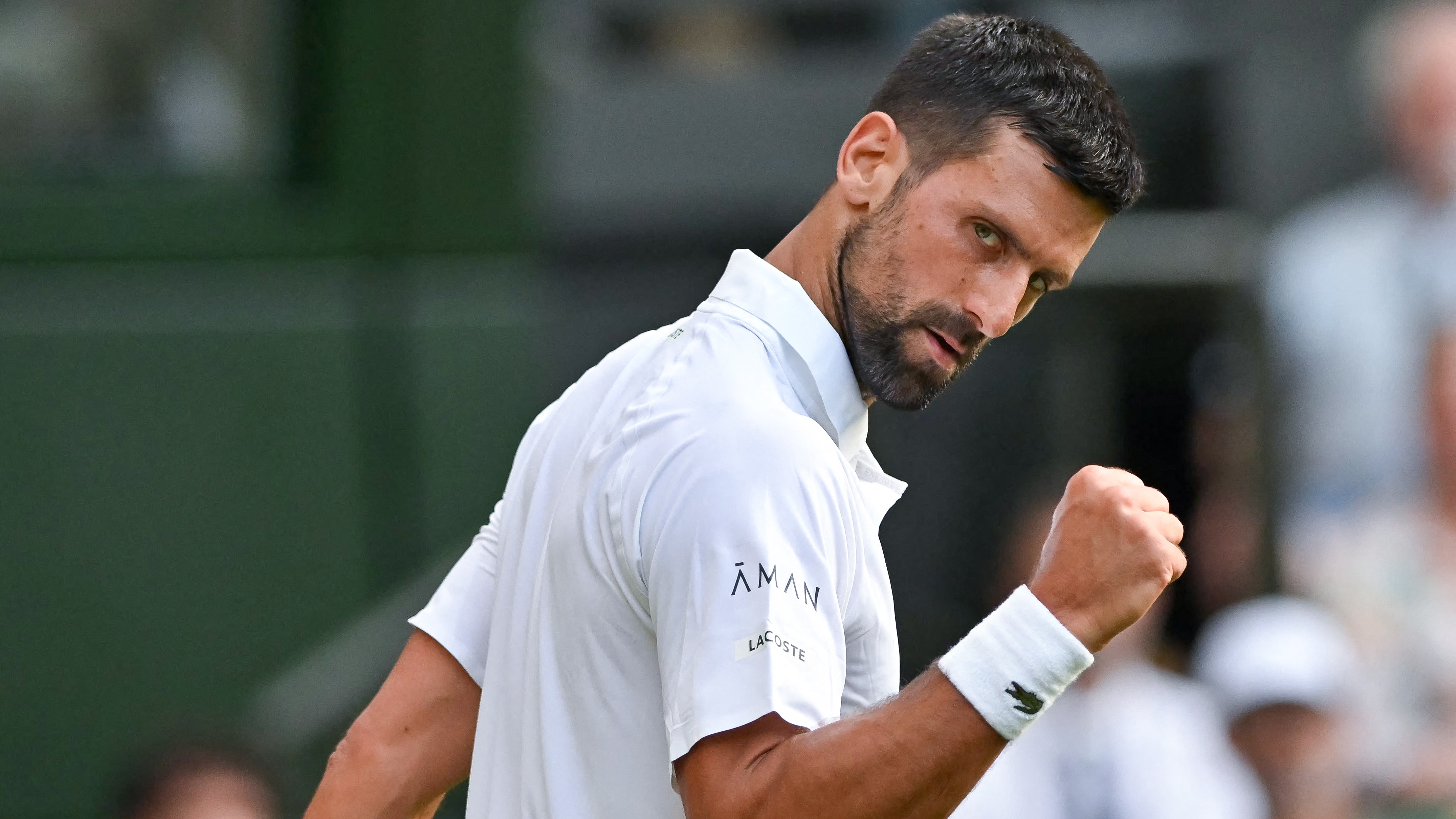 Novak Djokovic celebrates his 1st round win at Wimbledon 2025