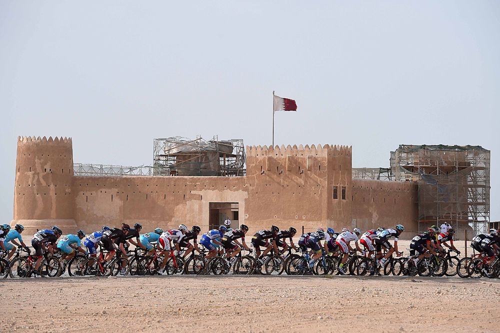 The peloton starts stage 5 at the Al Zubara Fort
