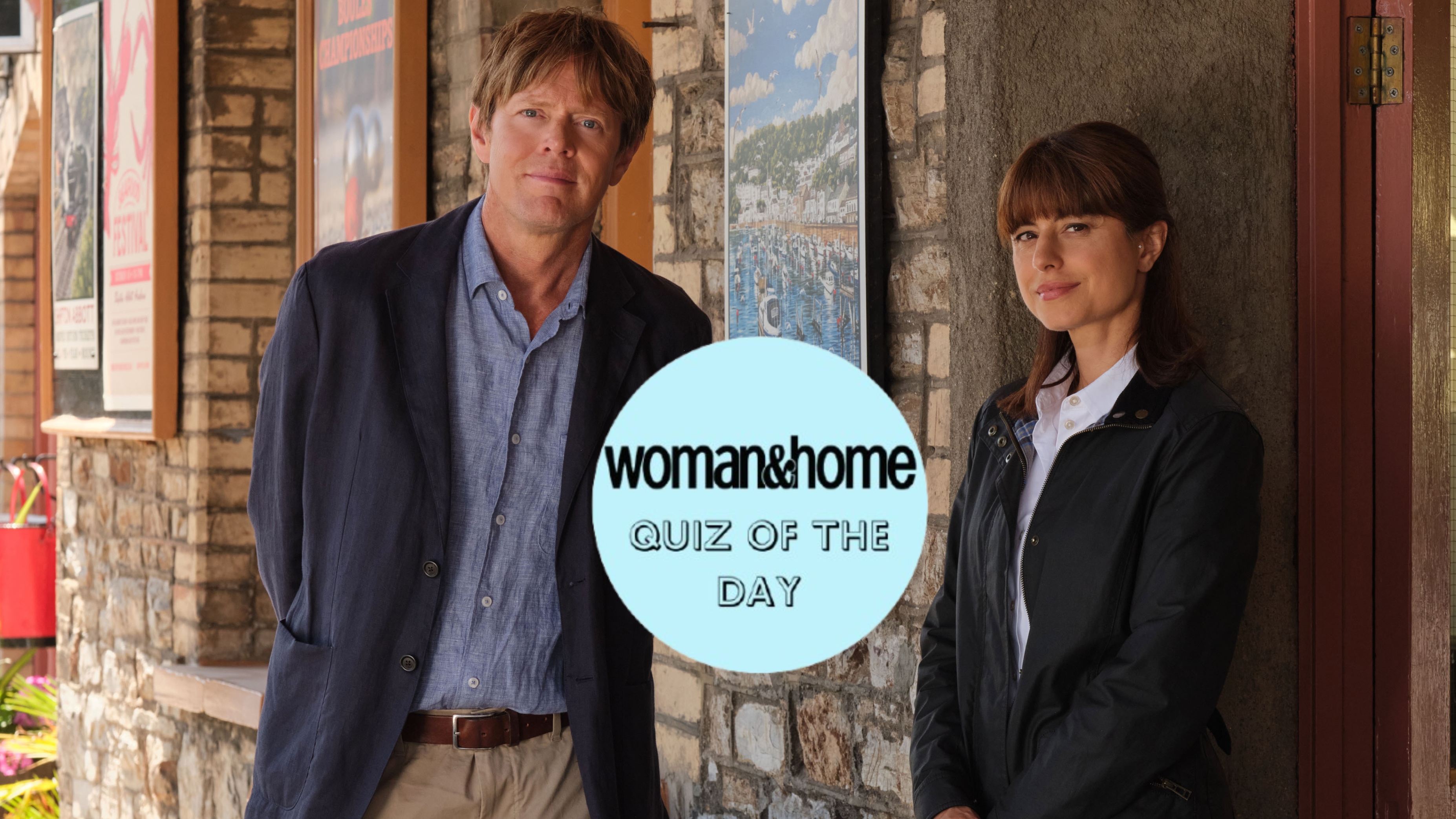 Humphrey Goodman (KRIS MARSHALL) and DS Esther Williams (ZAHRA AHMADI) in Beyond Paradise season 4 with a W&amp;H Quiz of the Day roundel over the top