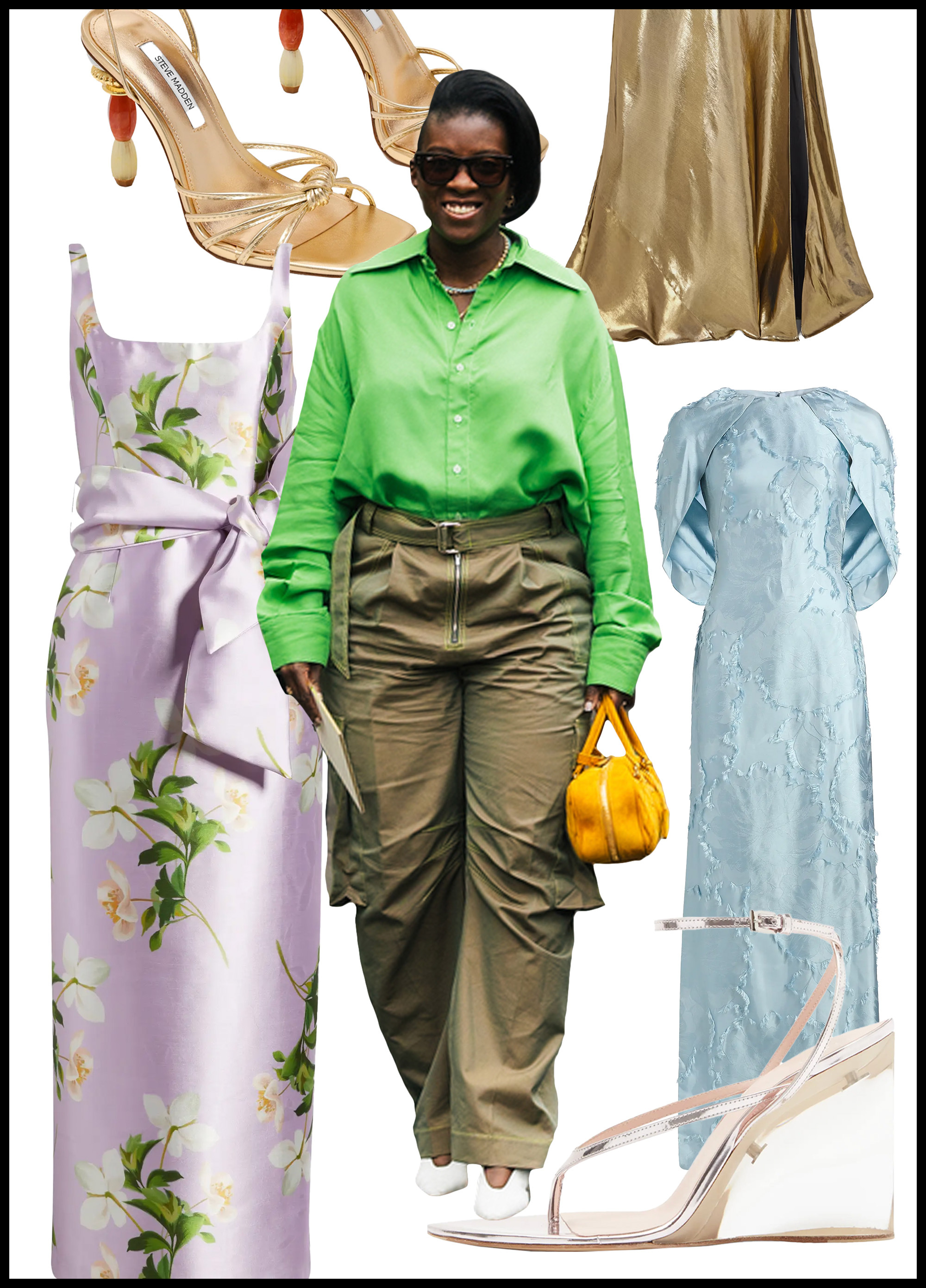 Collage of Nikki Ogunnaike with wedding guest dresses and shoes