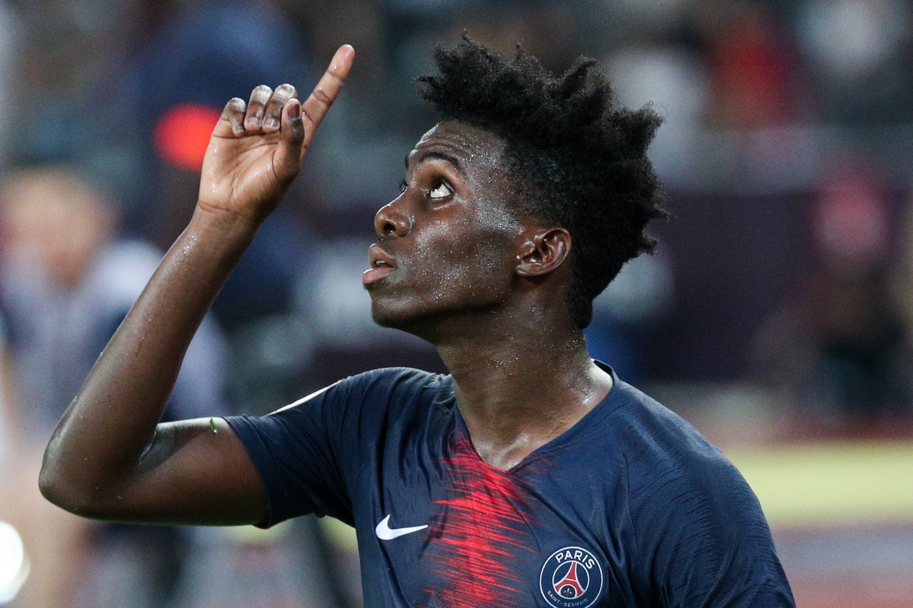 Timothy Weah celebrates a goal for Paris Saint-Germain against Monaco in August 2018.