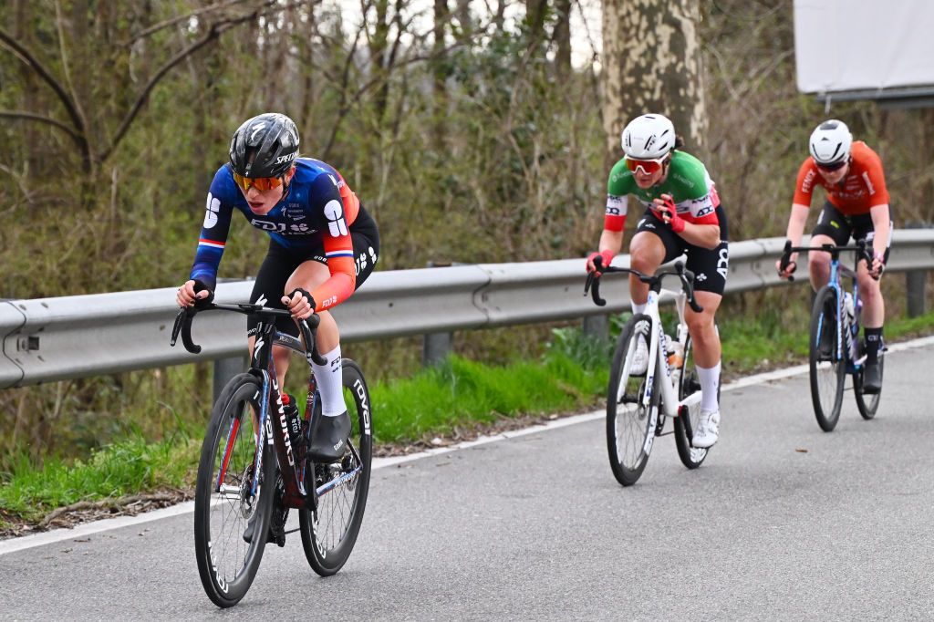 CITTIGLIO ITALY MARCH 16 LR Demi Vollering of Netherlands and Team FDJ SUEZ and Elisa Longo Borghini of Italy and UAE Team ADQ compete in the chase group during the 26th Trofeo Alfredo BindaComune di Cittiglio 2025 Womens Elite a 152km one day race from Luino to Cittiglio UCIWWT on March 16 2025 in Cittiglio Italy Photo by Luc ClaessenGetty Images