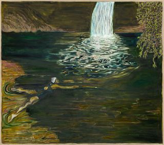 Billy Childish's 'swimmer and waterfall', 2018, oil and charcoal on linen, courtesy of the Carl Freedman Gallery, Margate.