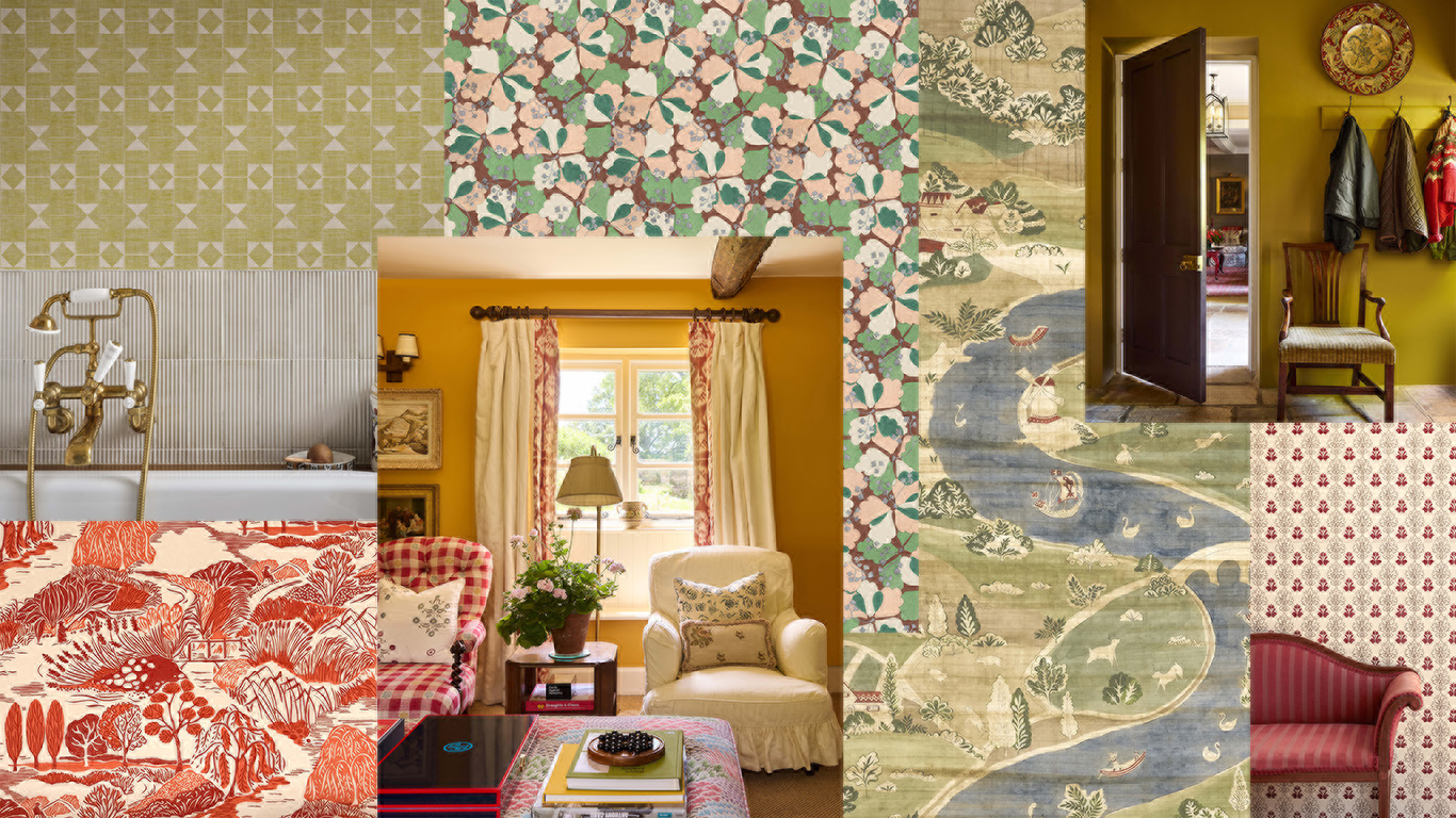Collage of wallpaper samples and paint colours