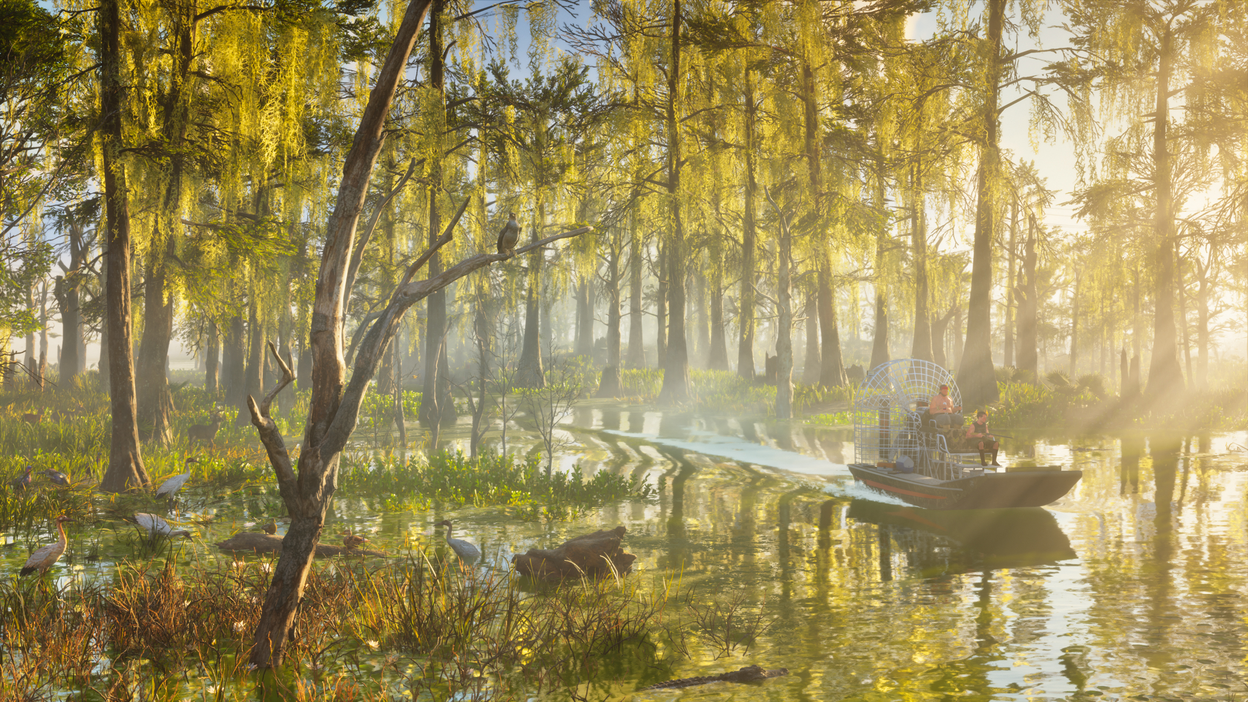 GTA 6 screenshot showing a lush wetlands area as characters glide across the water in a river boat