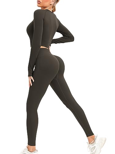 Workout Sets for Women Long Sleeve Crop Top High Waist Seamless Legging 2 Piece Outfits Sets Gym Matching Lounge Clothes(p068 Chocolate S)