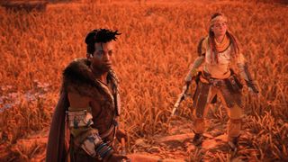 Horizon Forbidden West review; two game characters stand in a field at sunset