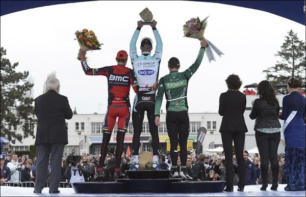 Paris-Roubaix top three look out onto the crowd.