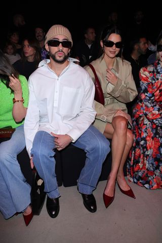 Bad Bunny and Kendall Jenner are seen at Gucci Ancora during Milan Fashion Week on September 22, 2023 in Milan, Italy.