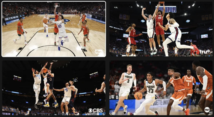 Una cuadrícula de 2 por 2 de cuatro juegos de baloncesto universitario se ve en el modo multivista de YouTube TV.