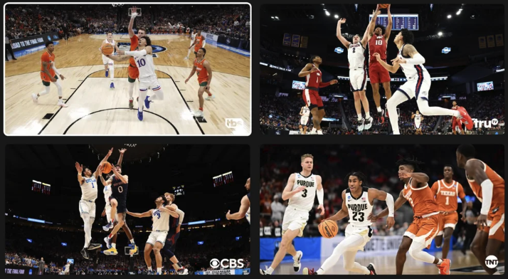 A 2x2 grid of four college basketball games is shown in multiview mode on YouTube TV.