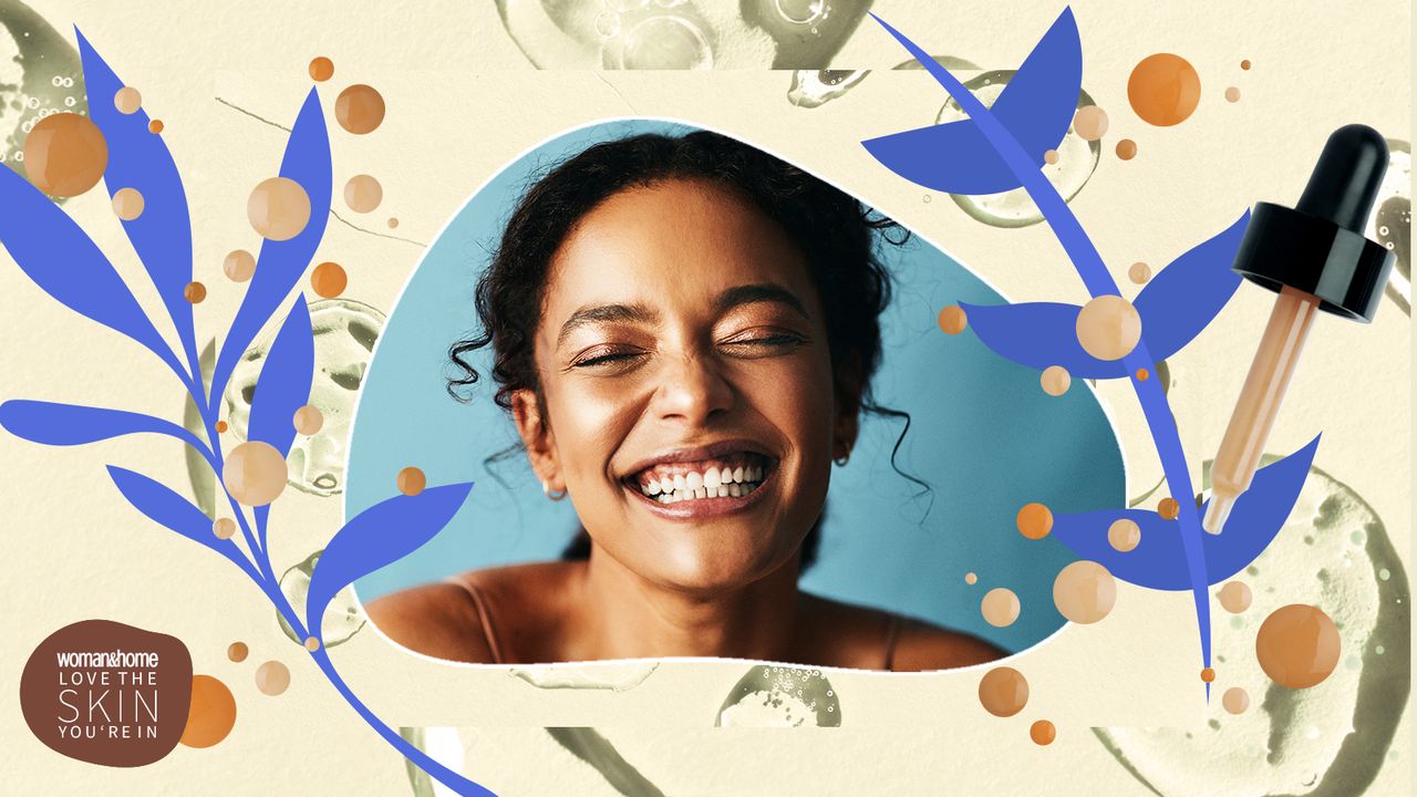 Young woman with great skin looking very happy surrounded by beauty products and flowers