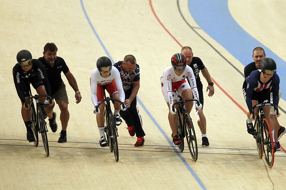 Cyclists compete in the Women's Keirin final race, during the Tissot UCI Track Cycling World Cup