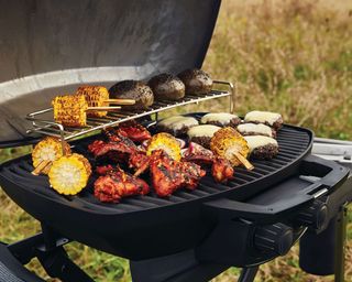 meat and vegetables cooking on a gas grill