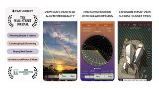 Screenshots of the Sun Seeker app from the Apple App Store, showing the app working on an iPhone.
