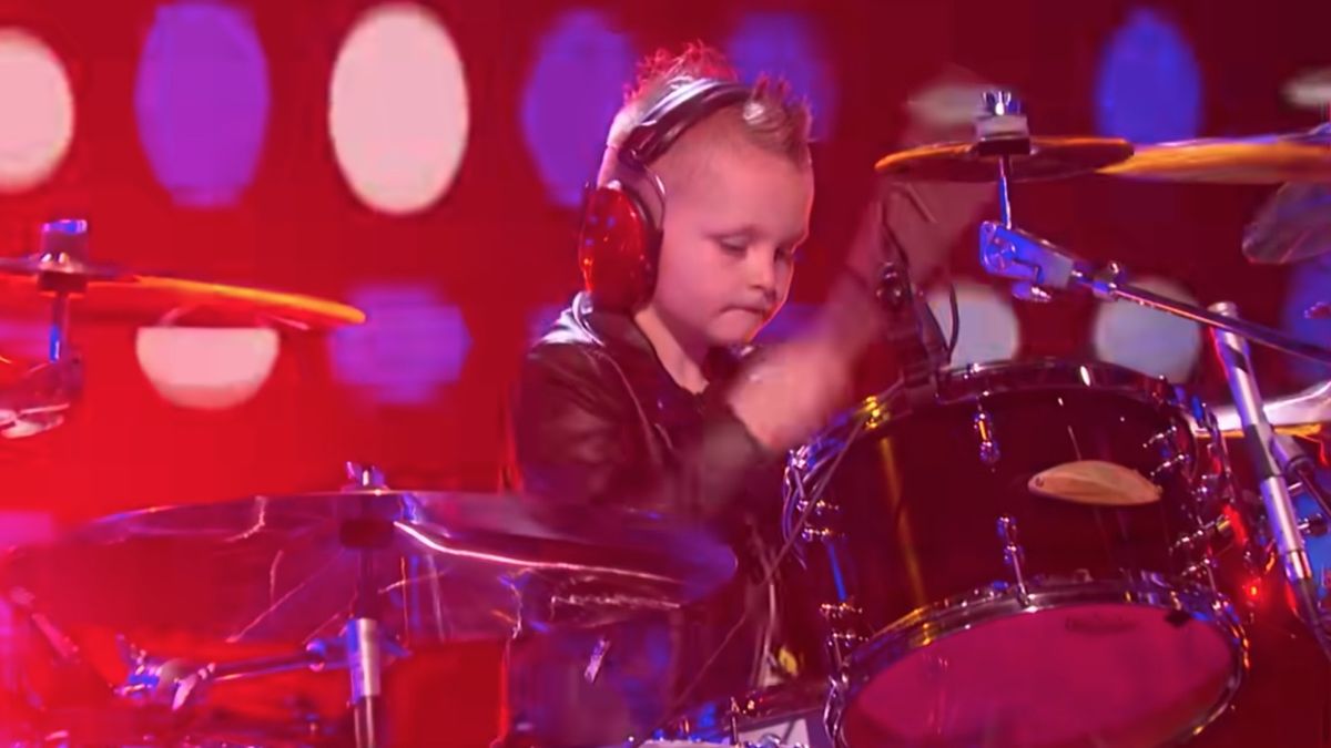 Seven-year-old Caleb Hayes plays Slipknot