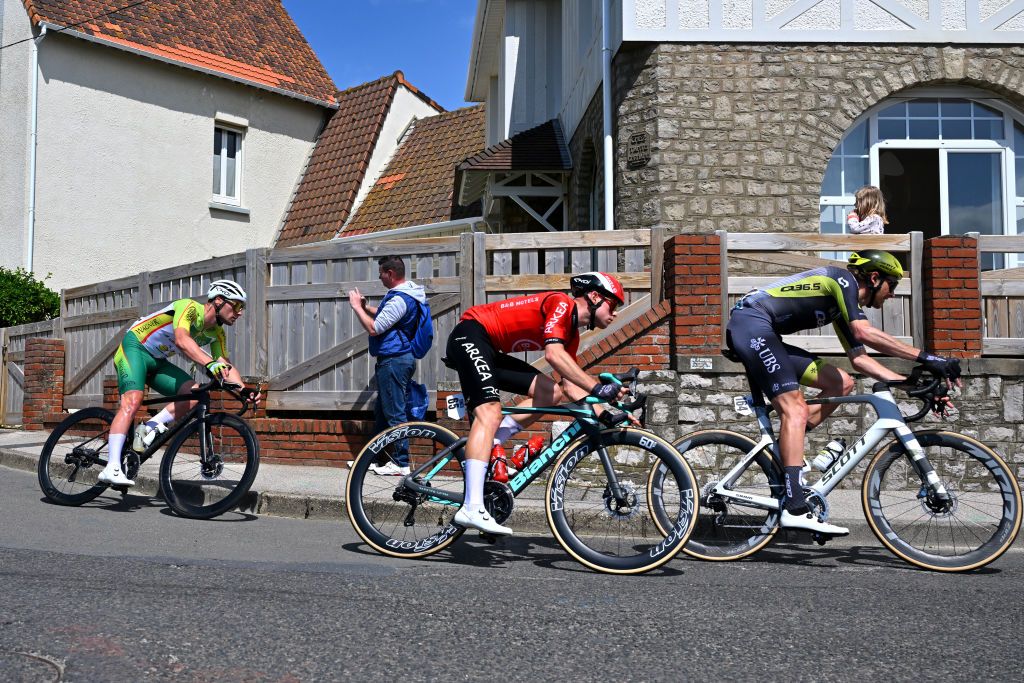 ABBEVILLE FRANCE MAY 15 LR Mathis Le Berre of France and Team Arkea BB Hotels and Tobias Ludvigsson of Sweden and Q365 Pro Cycling Team compete during the 68th 4 Jours de Dunkerque Grand Prix des Hauts de France 2024 Stage 2 a 1843km stage from Wimereux to Abbeville on May 15 2024 in Abbeville France Photo by Luc ClaessenGetty Images