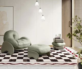 Living room with modern green leather furniture and black and white checkerboard rug