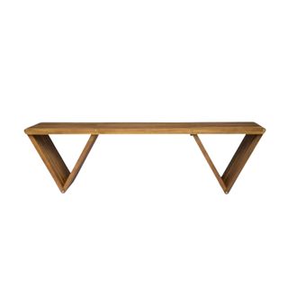 A wooden outdoor bench with triangle legs