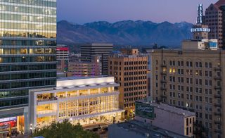 Night view of well lit building in Salt Lake City