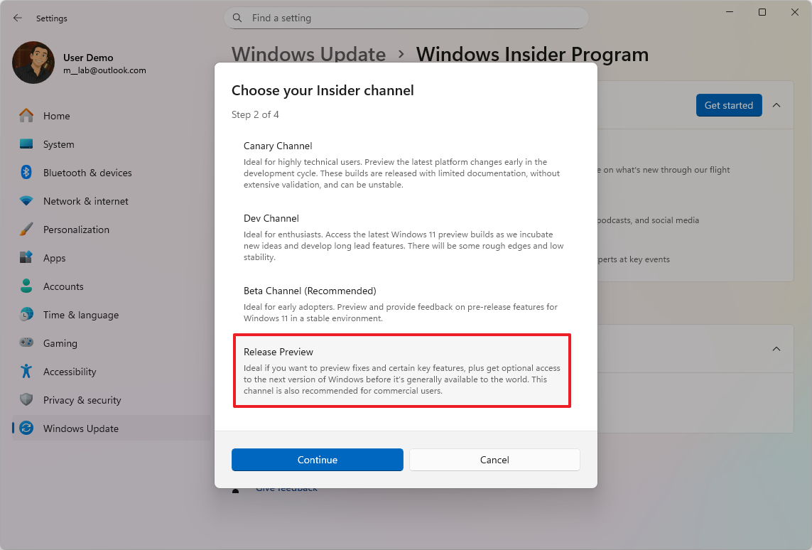 Windows 11 enroll PC in the Release Preview Channel