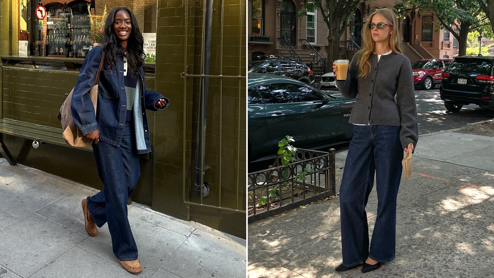 European style influencer and creative Liv Madeline and Clara Dyrhauge wearing chic outfits with dark jeans.